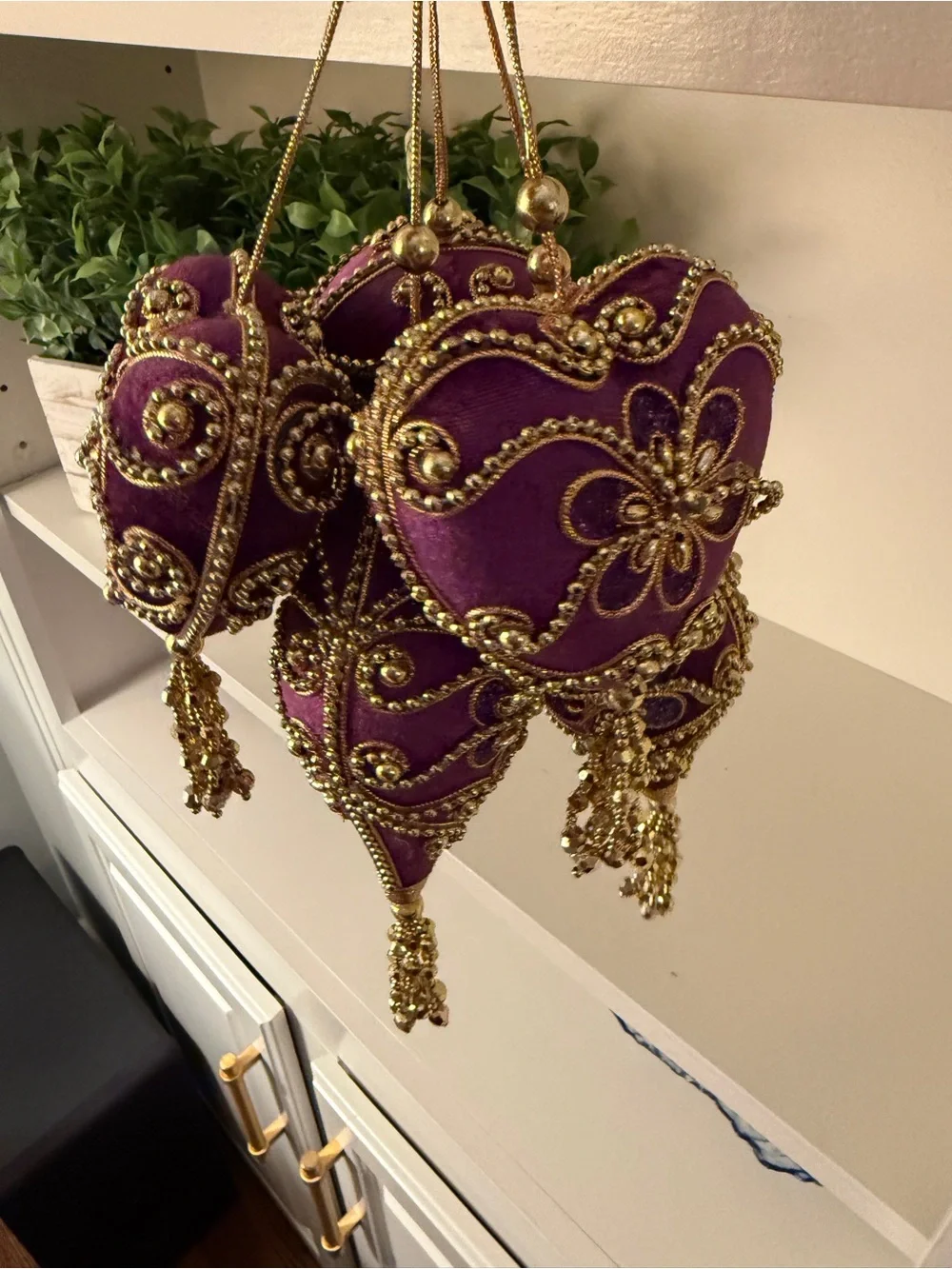 Jeweled Purple/Gold Velvet Beaded Christmas Ornaments Tassel Victorian Holiday